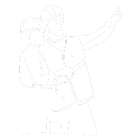 A cartoon style icon of two construction workers with one pointing up to the right